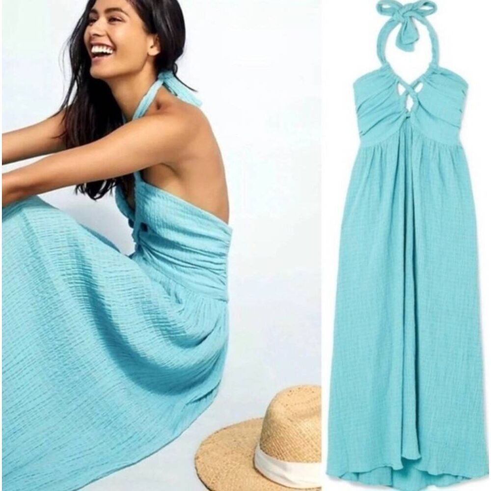 Mara Hoffman womens small Seersucker halter dress blue maxi organic cotton - Picture 2 of 10